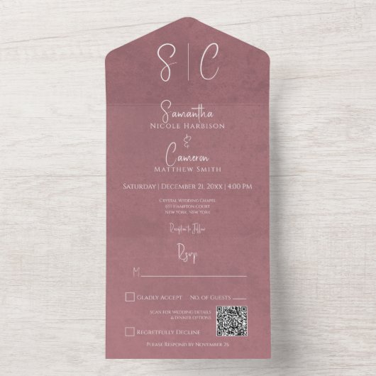 Invitation Tout En Un Monogramme minimal rose moderne QR Code (À l'intérieur)