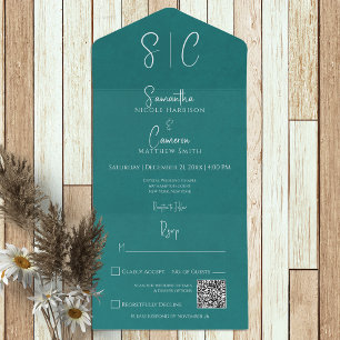 Invitation Tout En Un Monogramme minimal Turquoise moderne Code QR