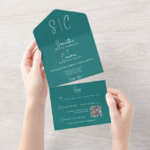 Invitation Tout En Un Monogramme minimal Turquoise moderne Code QR (Déchirure)