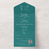 Invitation Tout En Un Monogramme minimal Turquoise moderne Code QR (À l'intérieur)
