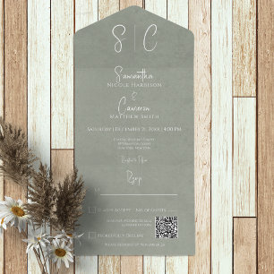 Invitation Tout En Un Monogramme minimaliste moderne Sage vert Code QR