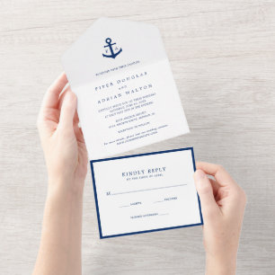 Invitation Tout En Un Monogramme moderne Ancre nautique Mariage élégant