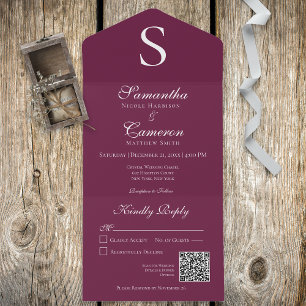 Invitation Tout En Un Monogramme moderne Bourgogne Vin QR Code