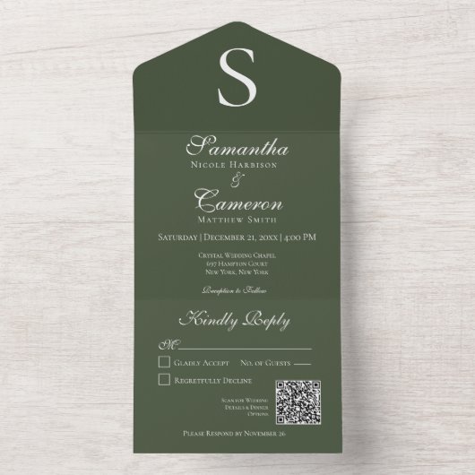 Invitation Tout En Un Monogramme moderne Code QR minimal vert foncé (À l'intérieur)