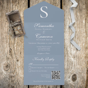 Invitation Tout En Un Monogramme moderne Dusty Blue QR Code