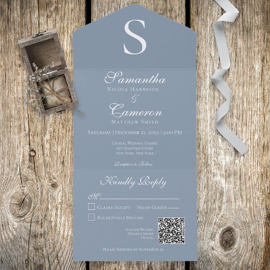 Invitation Tout En Un Monogramme moderne Dusty Blue QR Code