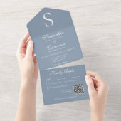 Invitation Tout En Un Monogramme moderne Dusty Blue QR Code (Déchirure)