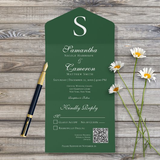 Invitation Tout En Un Monogramme moderne Emerald Green QR Code