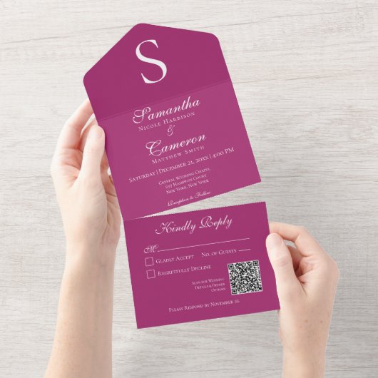 Invitation Tout En Un Monogramme moderne Fuchsia rose QR Code (Déchirure)