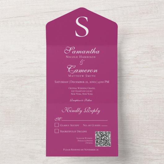 Invitation Tout En Un Monogramme moderne Fuchsia rose QR Code (À l'intérieur)