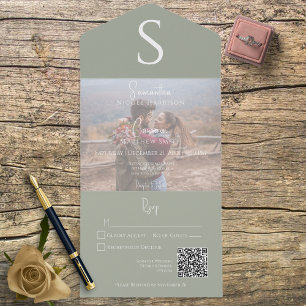 Invitation Tout En Un Monogramme Moderne Photo Sage Vert QR Code