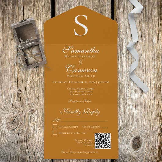 Invitation Tout En Un Monogramme moderne rouille brûlé Orange QR Code