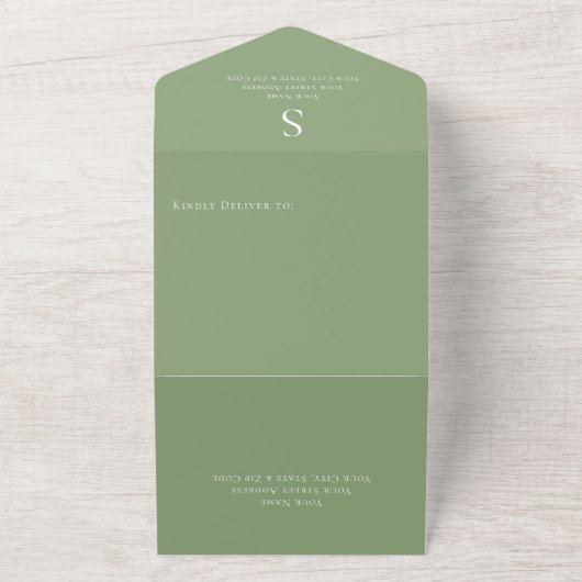 Invitation Tout En Un Monogramme moderne Sage Green QR Code (Dehors)