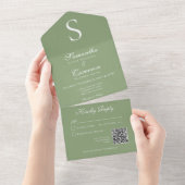Invitation Tout En Un Monogramme moderne Sage Green QR Code (Déchirure)