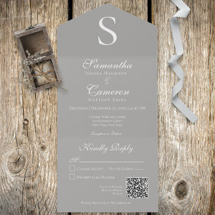 Invitation Tout En Un Monogramme moderne Silver Grey QR Code