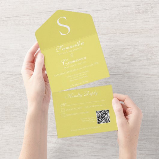Invitation Tout En Un Monogramme moderne Sunflower Yellow QR Code (Déchirure)