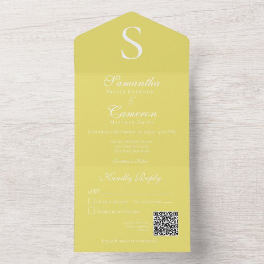 Invitation Tout En Un Monogramme moderne Sunflower Yellow QR Code (À l'intérieur)