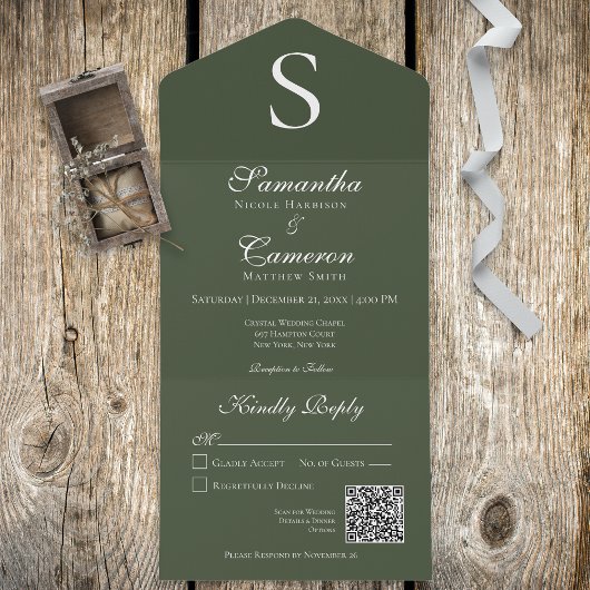 Invitation Tout En Un Monogramme moderne vert foncé Code QR