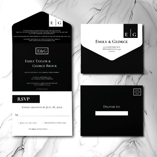 Invitation Tout En Un Monogramme noir et blanc moderne Mariage élégant
