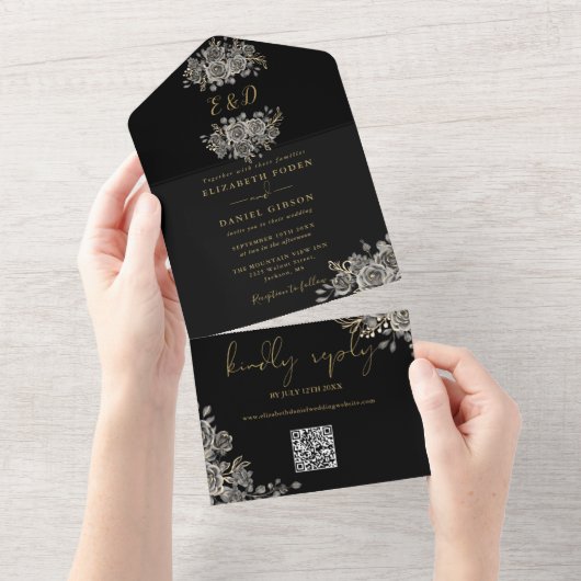 Invitation Tout En Un Monogramme noir et or gothique Mariage de code QR (Déchirure)