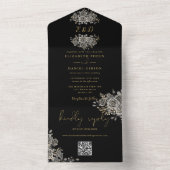 Invitation Tout En Un Monogramme noir et or gothique Mariage de code QR (À l'intérieur)
