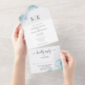 Invitation Tout En Un Monogramme noir or Mariage d'aquarelle bleu (Déchirure)