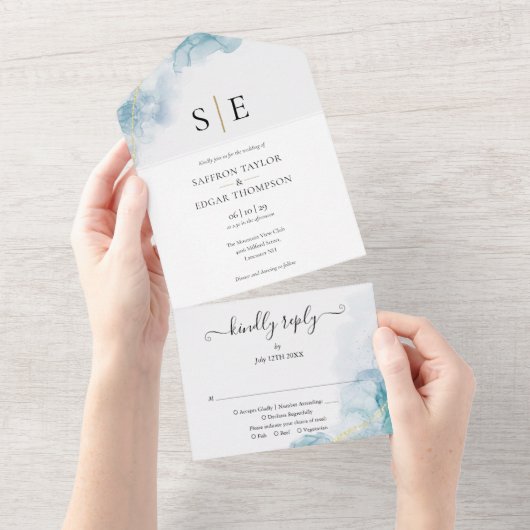 Invitation Tout En Un Monogramme noir or Mariage d'aquarelle bleu (Déchirure)