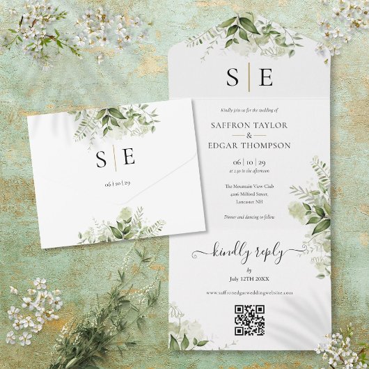 Invitation Tout En Un Monogramme noir or QR Code Mariage vert