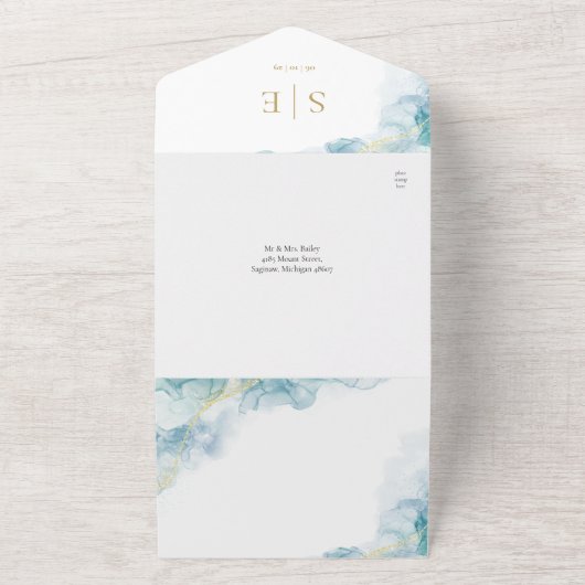 Invitation Tout En Un Monogramme or QR Code Mariage d'aquarelle bleu (Dehors)