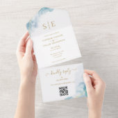 Invitation Tout En Un Monogramme or QR Code Mariage d'aquarelle bleu (Déchirure)