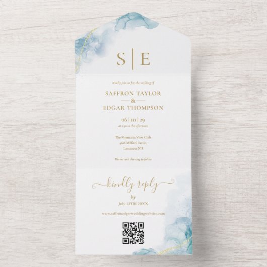 Invitation Tout En Un Monogramme or QR Code Mariage d'aquarelle bleu (À l'intérieur)