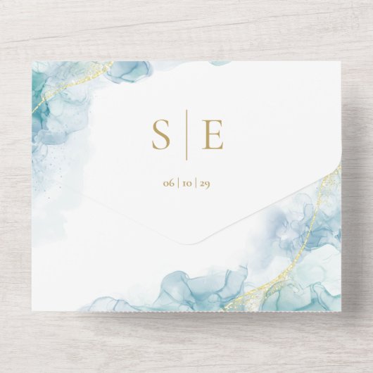 Invitation Tout En Un Monogramme or QR Code Mariage d'aquarelle bleu (Verso)