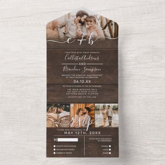 Invitation Tout En Un Monogramme photo en bois rustique Mariage RSVP (À l'intérieur)