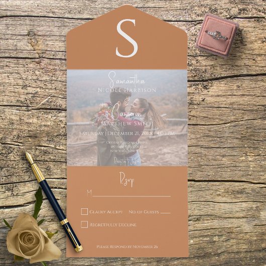 Invitation Tout En Un Monogramme Photo moderne brûlée Orange Pas de dîne