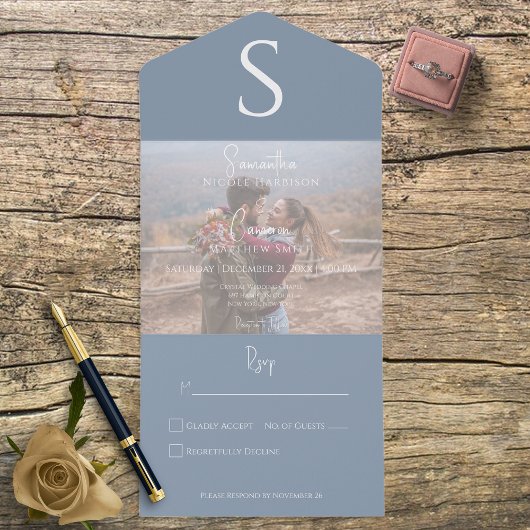 Invitation Tout En Un Monogramme Photo moderne Dusty Blue No Dinner