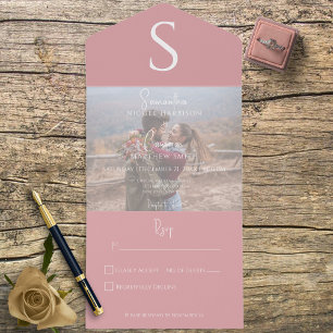 Invitation Tout En Un Monogramme Photo moderne Dusty rose Pas de dîner