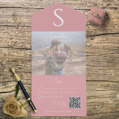 Invitation Tout En Un Monogramme Photo moderne Dusty rose QR Code