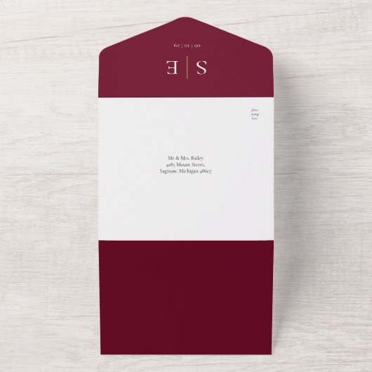 Invitation Tout En Un Monogramme QR Code Bourgogne Et Mariage Or (Dehors)