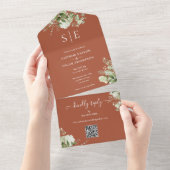 Invitation Tout En Un Monogramme QR Code Vert Mariage en terre cuite (Déchirure)