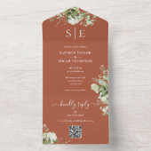 Invitation Tout En Un Monogramme QR Code Vert Mariage en terre cuite (À l'intérieur)