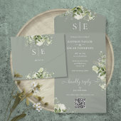 Invitation Tout En Un Monogramme QR Code Vert Sage Vert Mariage