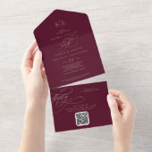 Invitation Tout En Un Monogramme romantique Bourgogne QR Code Mariage (Déchirure)