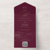 Invitation Tout En Un Monogramme romantique Bourgogne QR Code Mariage (À l'intérieur)