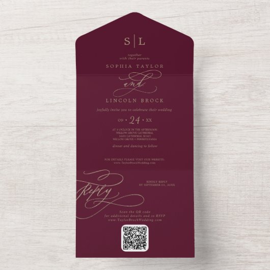 Invitation Tout En Un Monogramme romantique Bourgogne QR Code Mariage (À l'intérieur)