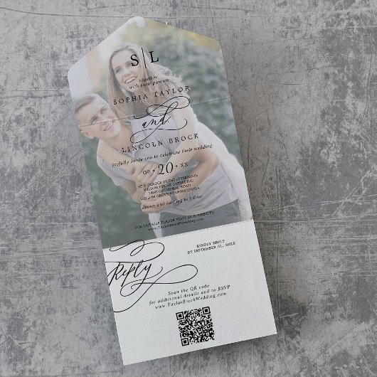 Invitation Tout En Un Monogramme romantique Photo QR Code Mariage