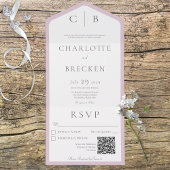 Invitation Tout En Un Monogramme rose et blanc poussiéreux Code QR minim