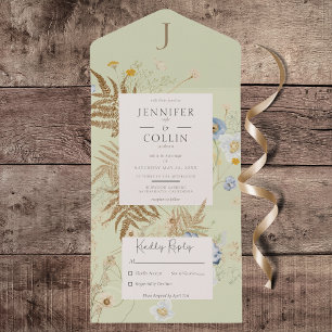 Invitation Tout En Un Monogramme Russe Fleur sauvage Lt Green No Dinner