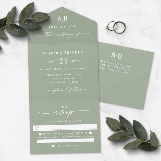 Invitation Tout En Un Monogramme simple et feuille de script Mariage ver