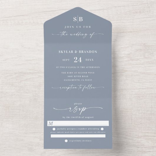 Invitation Tout En Un Monogramme simple et Mariage bleu poussiéreux (À l'intérieur)