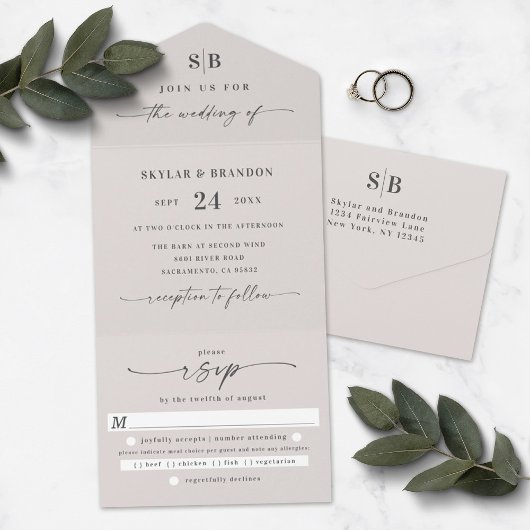 Invitation Tout En Un Monogramme simple et Mariage ivoire de script blan
